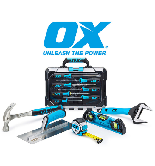 A selection of the NetSuite user OX Tools' construction tool products on a white background with the OX Tools logo in cyan.