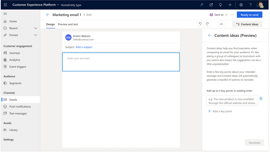 Screen shot of AI generated content feature in Dynamics 365, which is trained on text samples from the web and suggests content based on your key messages and your latest emails.