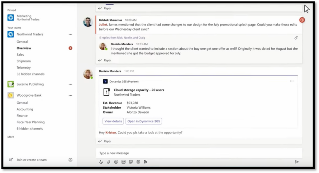 Screenshot of Microsoft Dynamics 365 integration with Teams - now you can chat in Microsoft Teams from within the Sales Hub, Customer Service Hub and other custom apps.