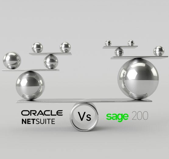 Balls of different weights and sizes on scales to denote comparison of two ERP solutions, NetSuite and Sage 200.