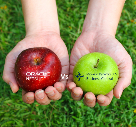 A pair of hands, each holding an apple - one red and one green - to denote the comparison of two similar but different ERP solutions - NetSuite and Microsoft Business Central