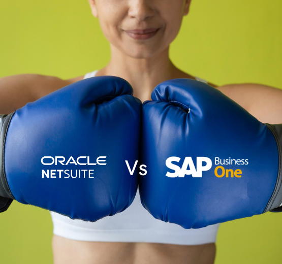Woman wearing boxing gloves, touching them together with overlaid logos to imply a comparison contest between Oracle NetSuite and SAP Business One.