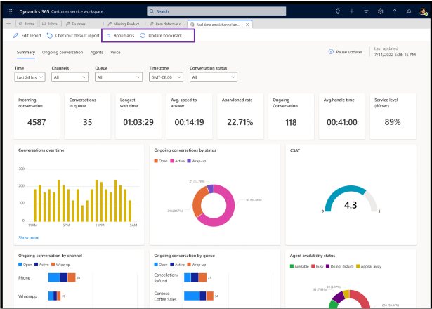 Screen shot from the Microsoft Dynamics 365 2023 Release Wave 1 update showing the customise real-time analytics dashboards and reports functionality.