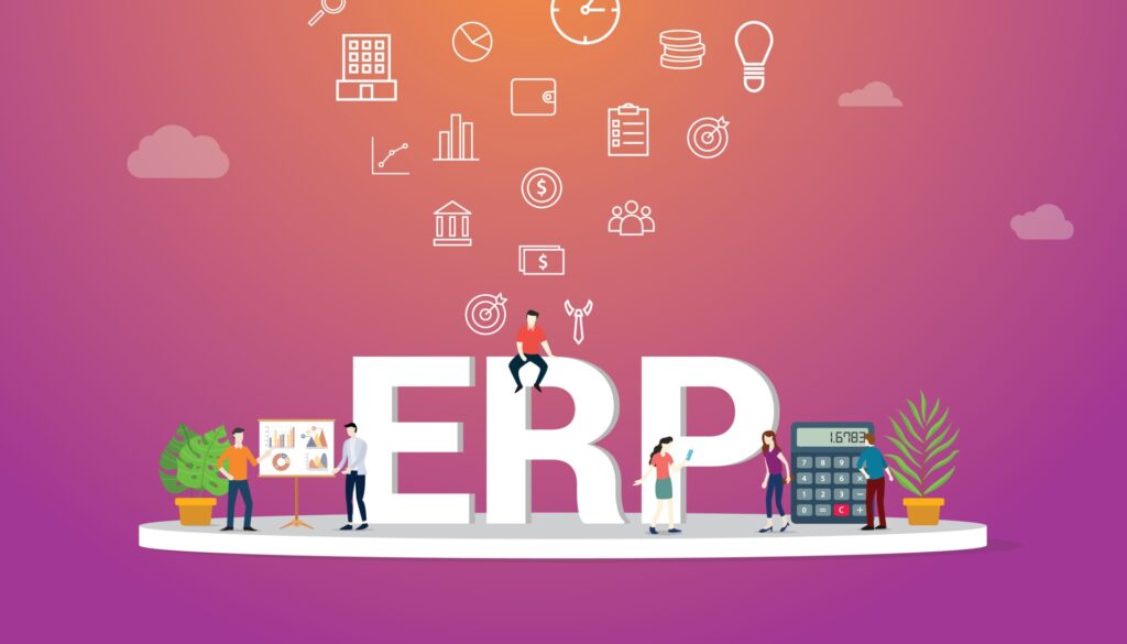 Illustration of person sat on large letters ERP to denote a UK manufacturing businesses having full visibility over all departments operations with an integrated cloud solution like NetSuite.
