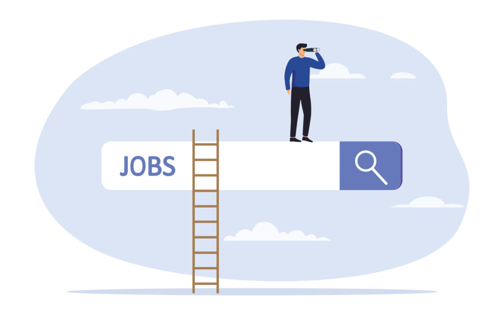 Illustration of search engine search bar with the word jobs, and a person stood on the top to denote labour shortages in the UK manufacturing sector. 