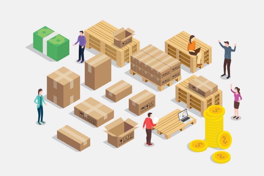 Illustration of people and packages and piles of coins and notes to show how warehouse management software within ERP architecture helps manufacturing businesses manage operations.