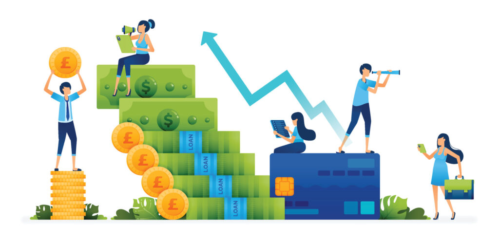 Illustration of people, cash and a credit card denoting the complexity of managing a manufacturing businesses cash flow, which can be made easier with ERP technology.