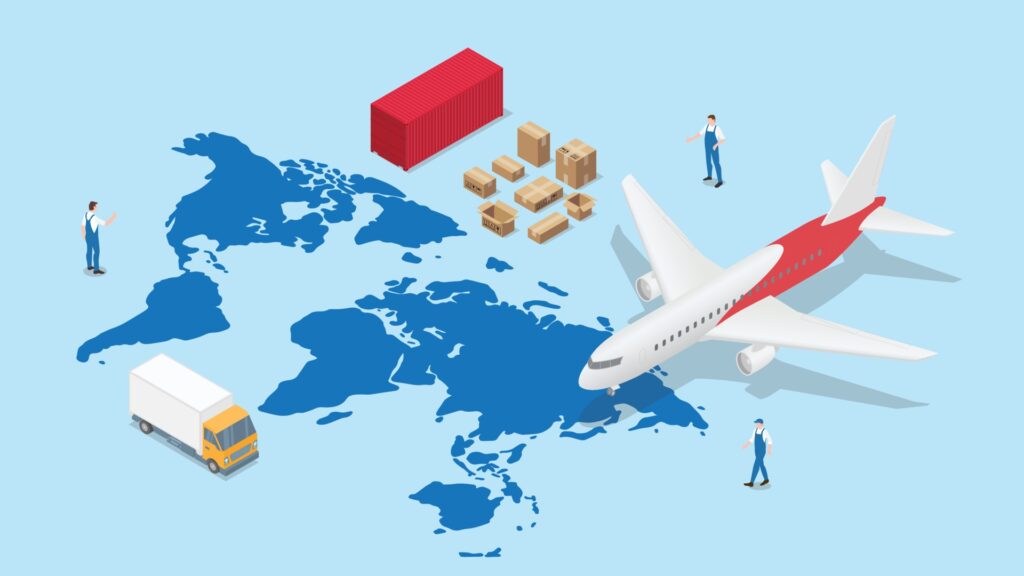 Illustration of 2D global map with people, containers, packages, a plane and a truck to denote the complexity of global supply chain and UK manufacturing procurement processes.
