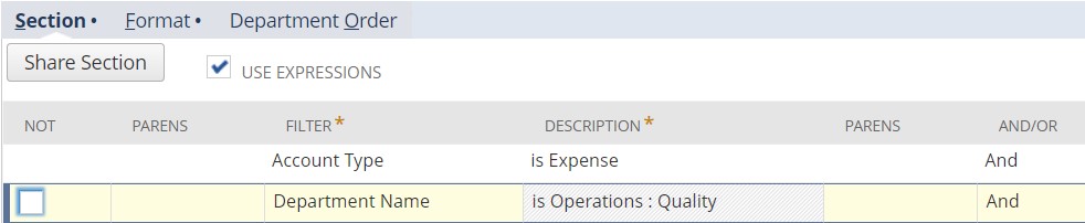 Create a new section in the existing simple departmental split report, then use expressions to home in on anything that is both an expense AND is associated with the Quality department. Removed the Quality department from the established “overheads” section, so it is not accounted for twice.