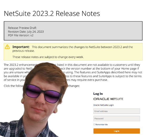 Screen shot of the NetSuite Release Notes with an image of Mark Anderson - IT Director from Accora - overlaid on the top who has blogged about managing NetSuite updates.