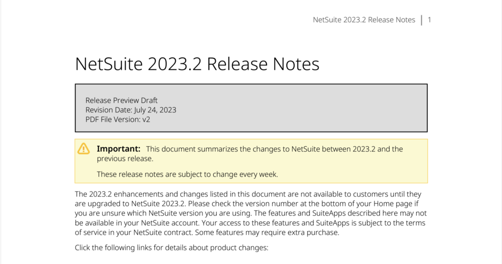 Screen shot of the 2023.2 Release Notes which contains pages of information about the new and updated functionality within Oracle NetSuite cloud ERP.
