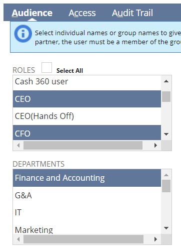 Under “More Options” you can also control what departments or roles can see the report under the “audience” section, or you can give someone temporary “access” when they need to look at a report just this once.