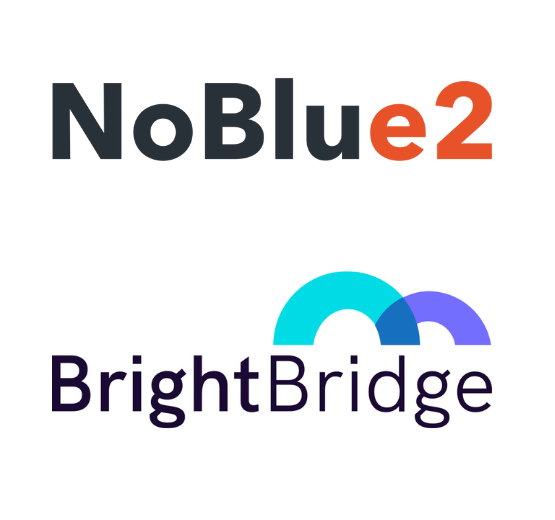 NoBlue2 logo above BrightBridge logo to accompany September 2023 news story where NoBlue2 has acquired BrightBridge.