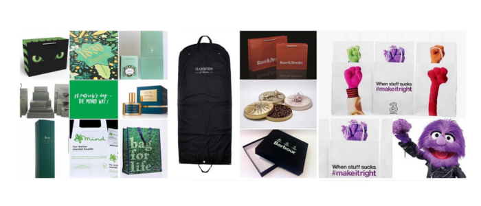 Image of various types of packaging that have been supplied by Monro, including Harrods, Mind and Three